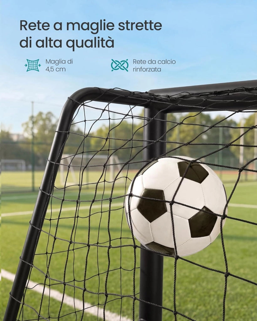 SONGMICS Porta da Calcio, per Tutte le Età, in Acciaio, Rete in PE, per Esterni, Giardino, Spiaggia, 60 x 180 x 120 cm, Rivestita in Gommapiuma, Nero SZQ180RZ02