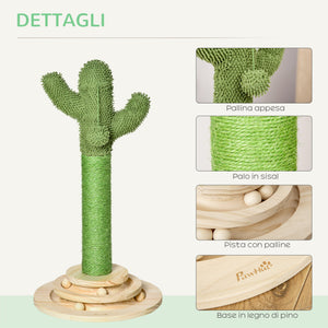 Albero Tiragraffi a Cactus per Gatti 32x32x60 cm in Corda Sisal e Palline in Legno Verde