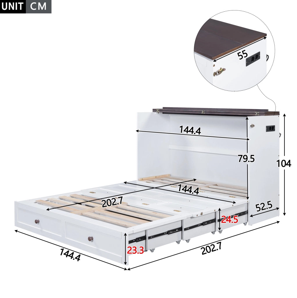 Letto a scomparsa 140x200 cm trasformabile con cassetti e USB in legno e MDF bianco