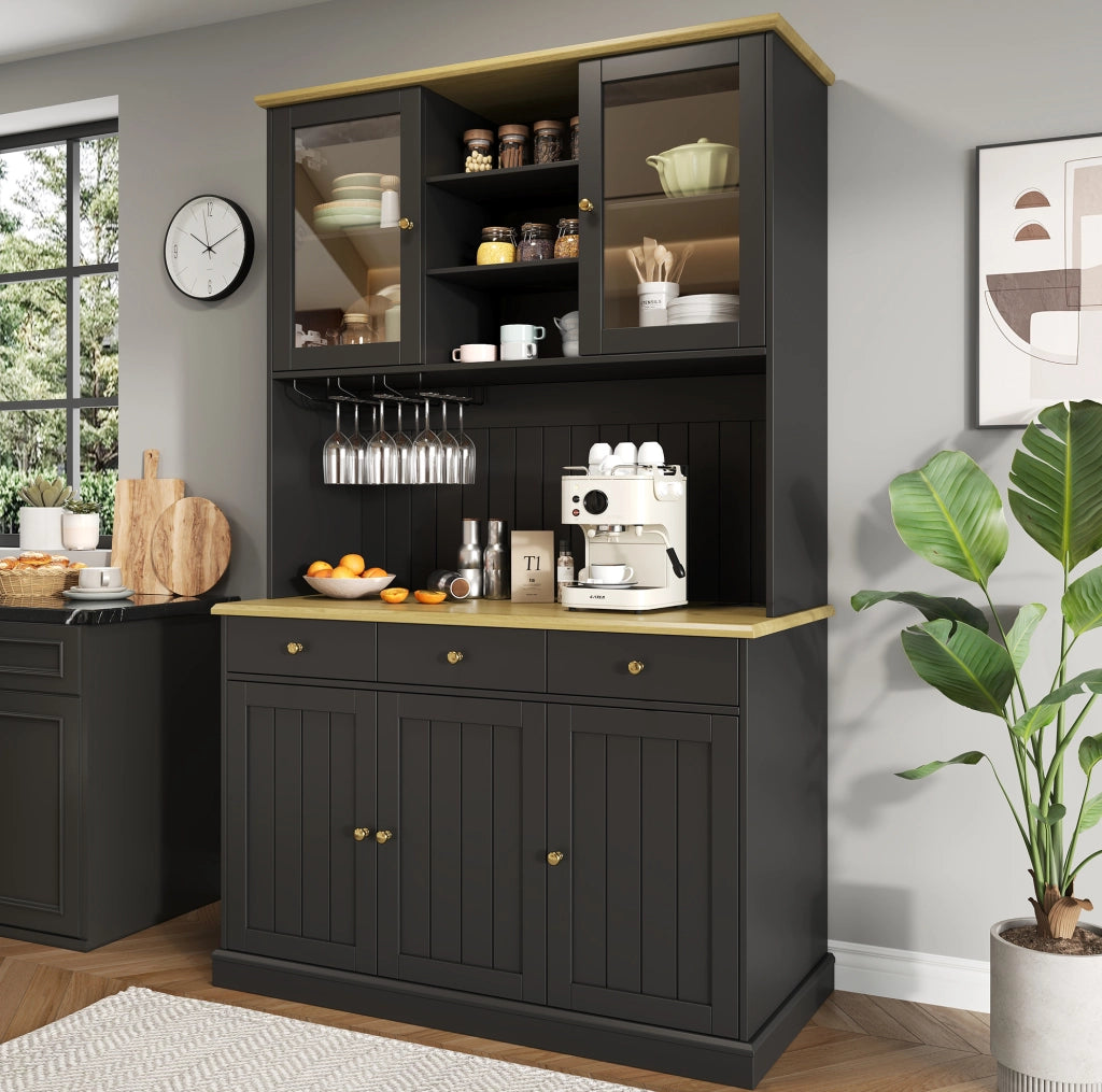 Mobile alto da cucina con vetrine, portabicchieri e prese integrate nero