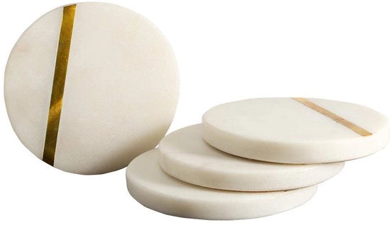 Onderzetters in Marmo Bianco con Bordo in Ottone | Set di 4 sottopanchere in marmo bianco con bordo in ottone per bicchieri di bevande, bibite e vini.
