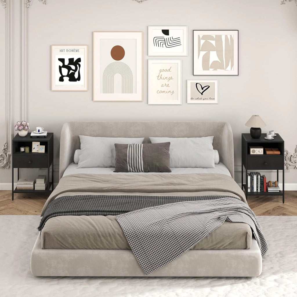 Comodino con Stazione di Ricarica Integrata, Cassetto e Scomparto, Poggiapiedi Regolabili, Stile Industriale per Camera da Letto, Soggiorno e Ufficio, 40 x 32 x 65 cm