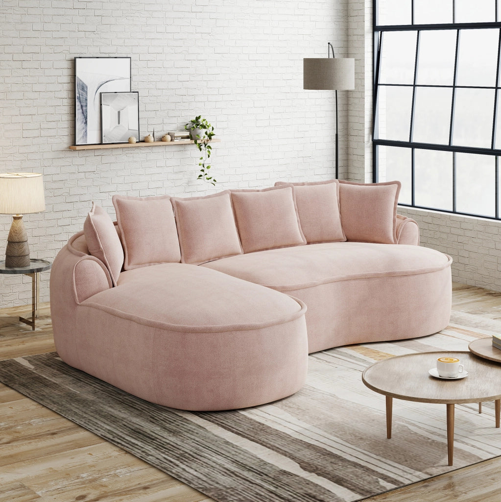 Divano modulare senza struttura in ciniglia rosa; 2 moduli; chaise longue e funzione letto