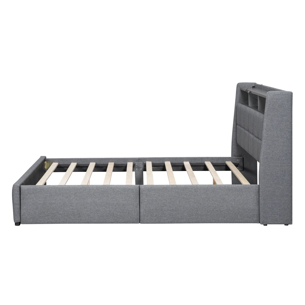 OKWISH Letto con Cassetti 140×200 cm, Letto Matrimoniale con LED Regolabile, USB e Contenitore, senza Materasso, in Lino, Grigio