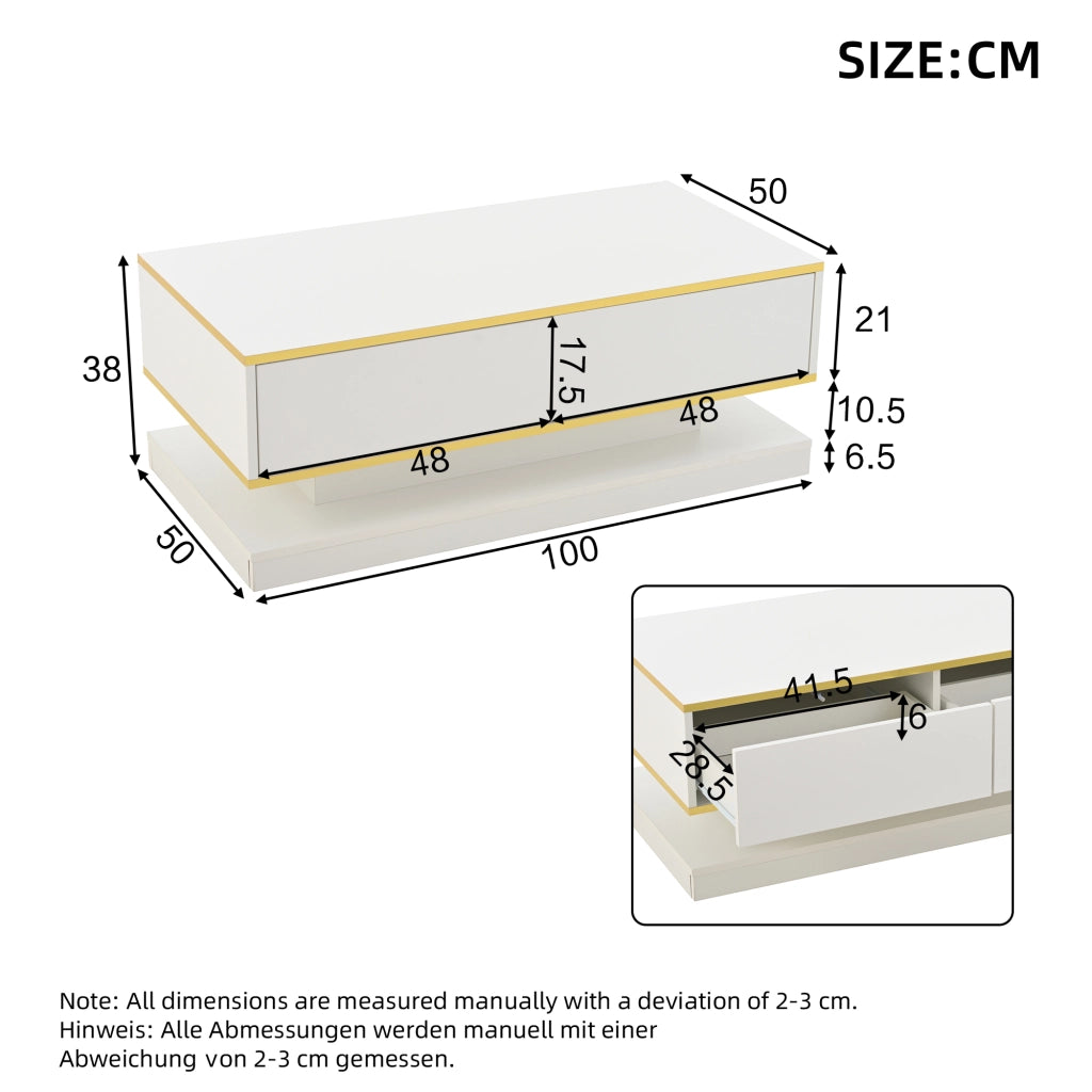 TAVOLINO DA SALOTTO 100 x 50 x 38 cm Bianco caldo con bordi oro e 2 cassetti