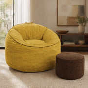 Poltrona pouf con tasca laterale e poggiapiedi coordinato in flanella gialla