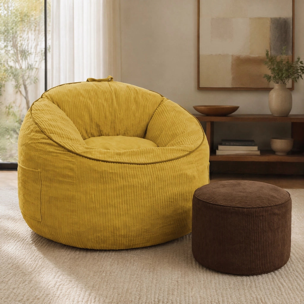 Poltrona pouf con tasca laterale e poggiapiedi coordinato in flanella gialla
