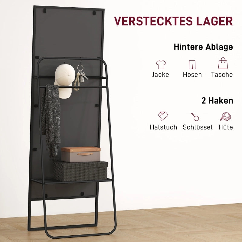 SPECCHIO INTERO 157x50 cm Nero stile industriale con ripiano e 2 ganci