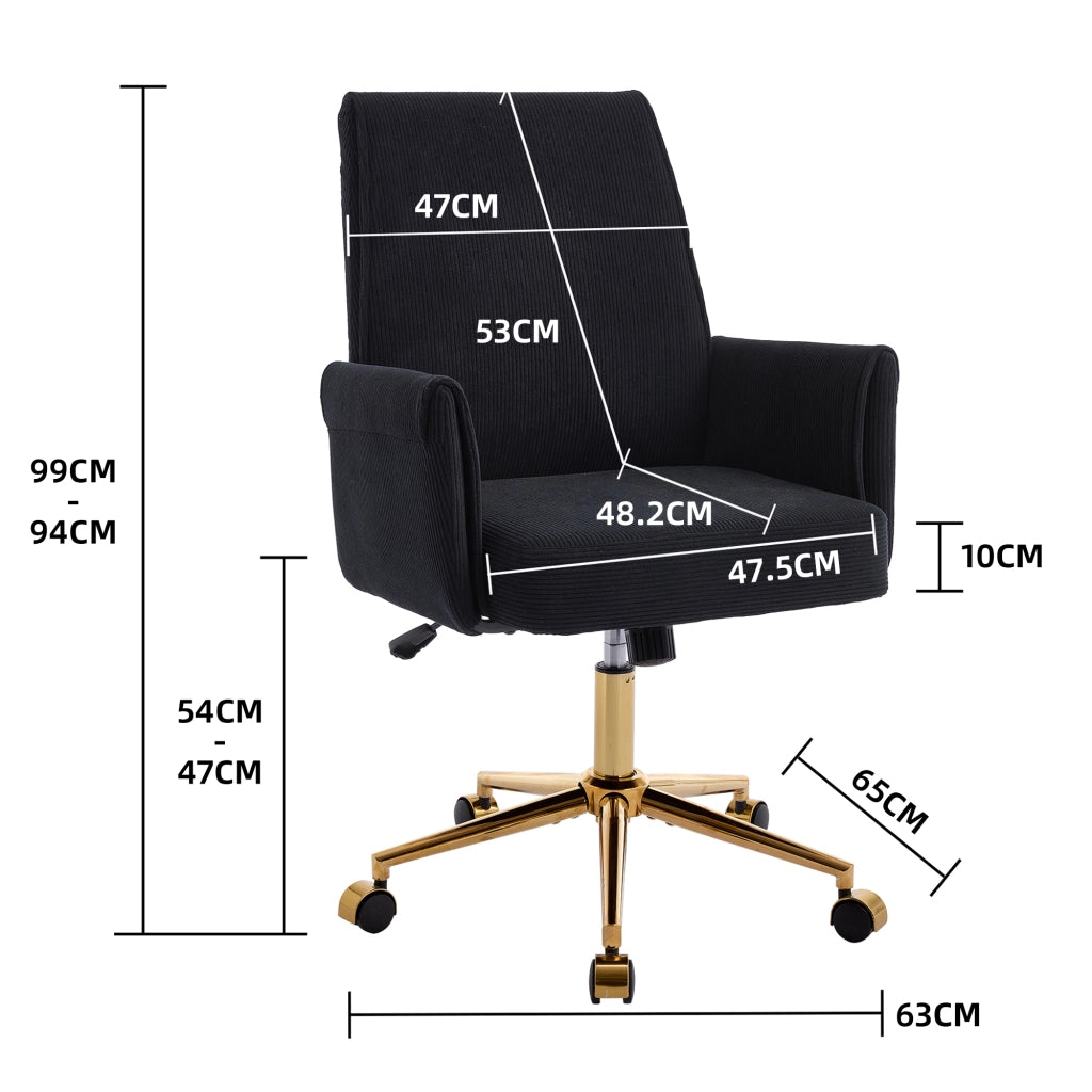 Sedia da ufficio girevole ergonomica con supporto lombare e braccioli, base in metallo dorato, in velluto a coste nero