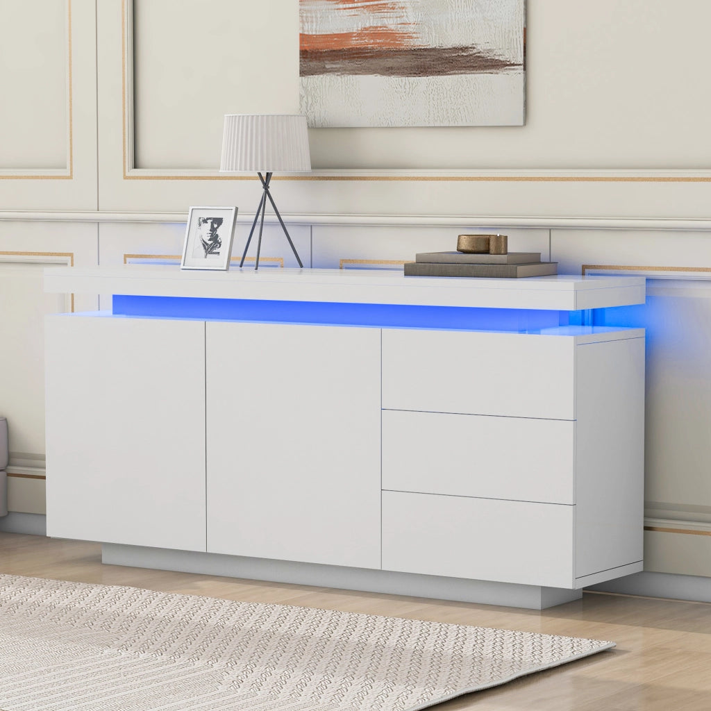Credenza con 2 ante; 3 cassetti e LED; per soggiorno; 140x35x72.5 cm; bianco