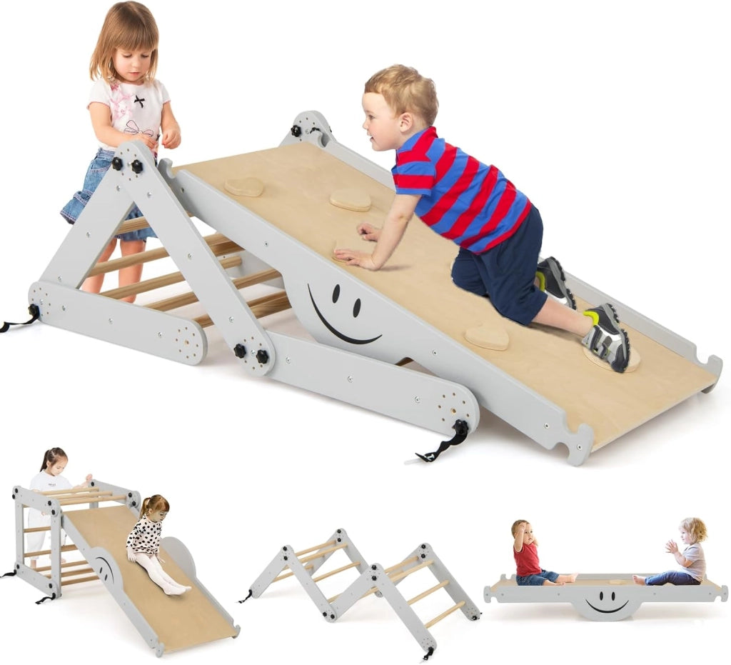 5 in 1 Set da Arrampicata per Bambini, Giochi da Arrampicata Pieghevoli in Legno con Rampe Regolabili e Reversibili, Scala da Arrampicata per Bambini 3+ Anni (Grigio)