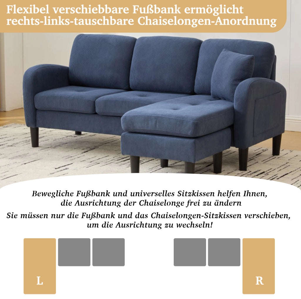 Divano angolare modulare con chaise longue reversibile 166 x 118 x 77 cm; in corduroy blu