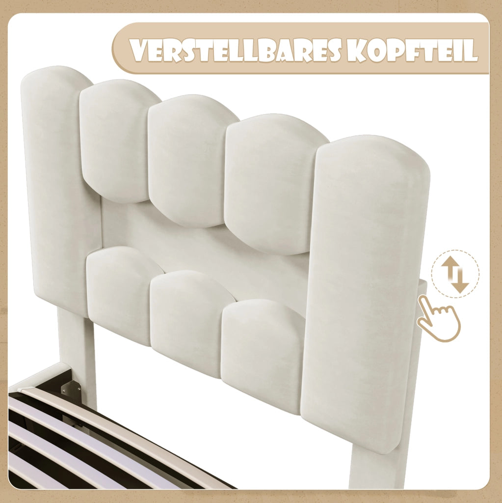 Letto imbottito 90x200 cm beige con LED e vano contenitore
