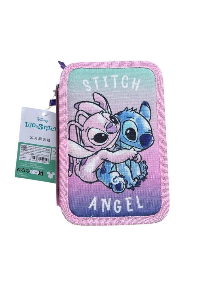 Astuccio scuola per bambini di Stitch Angel - Colore rosa - Chiusura a cerniera - 12,5 x 6,5 x 19,5 cm - Triplo scompart