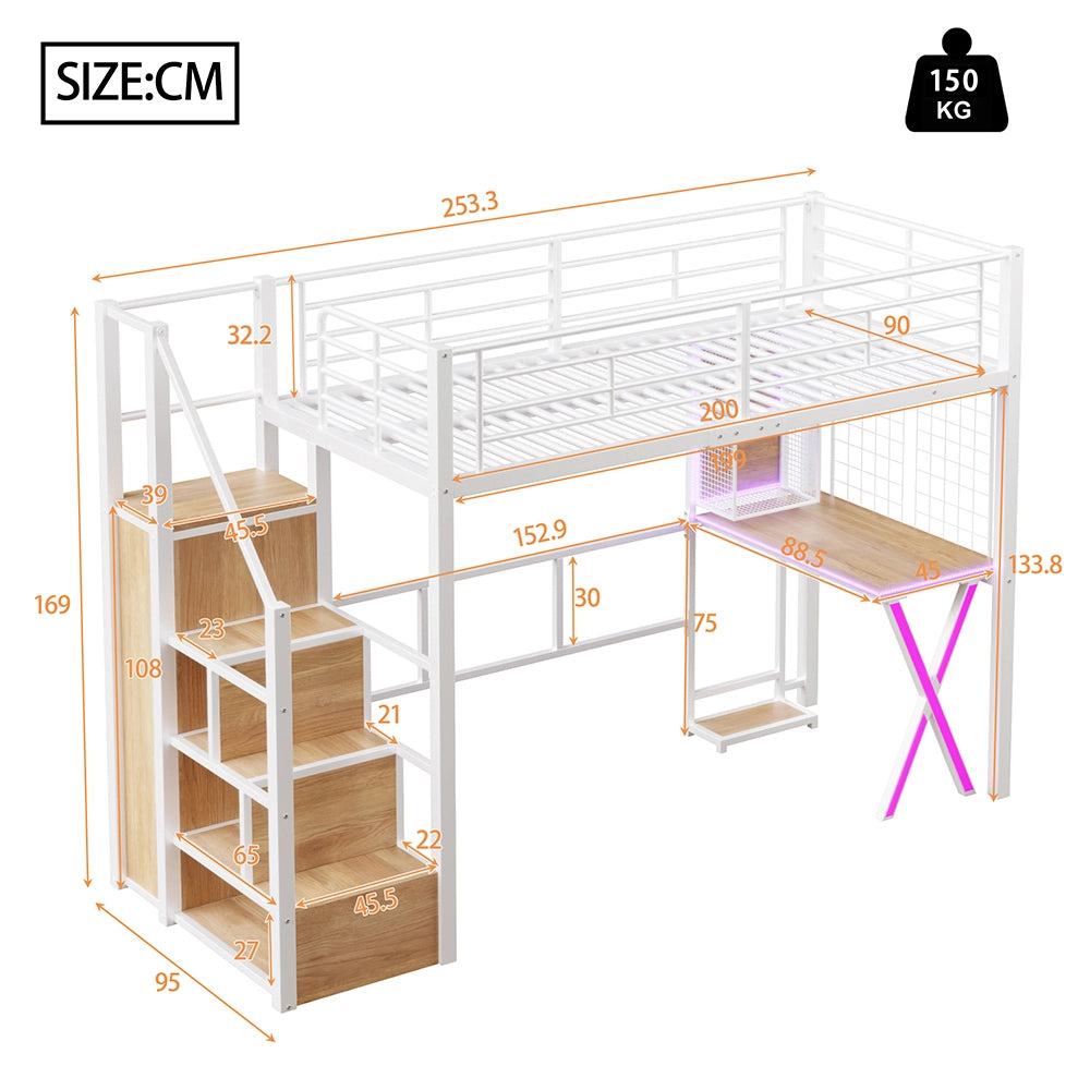 Letto mezzanino 90x200cm - Xylo - bianco, armadio, scrivania, illuminazione LED