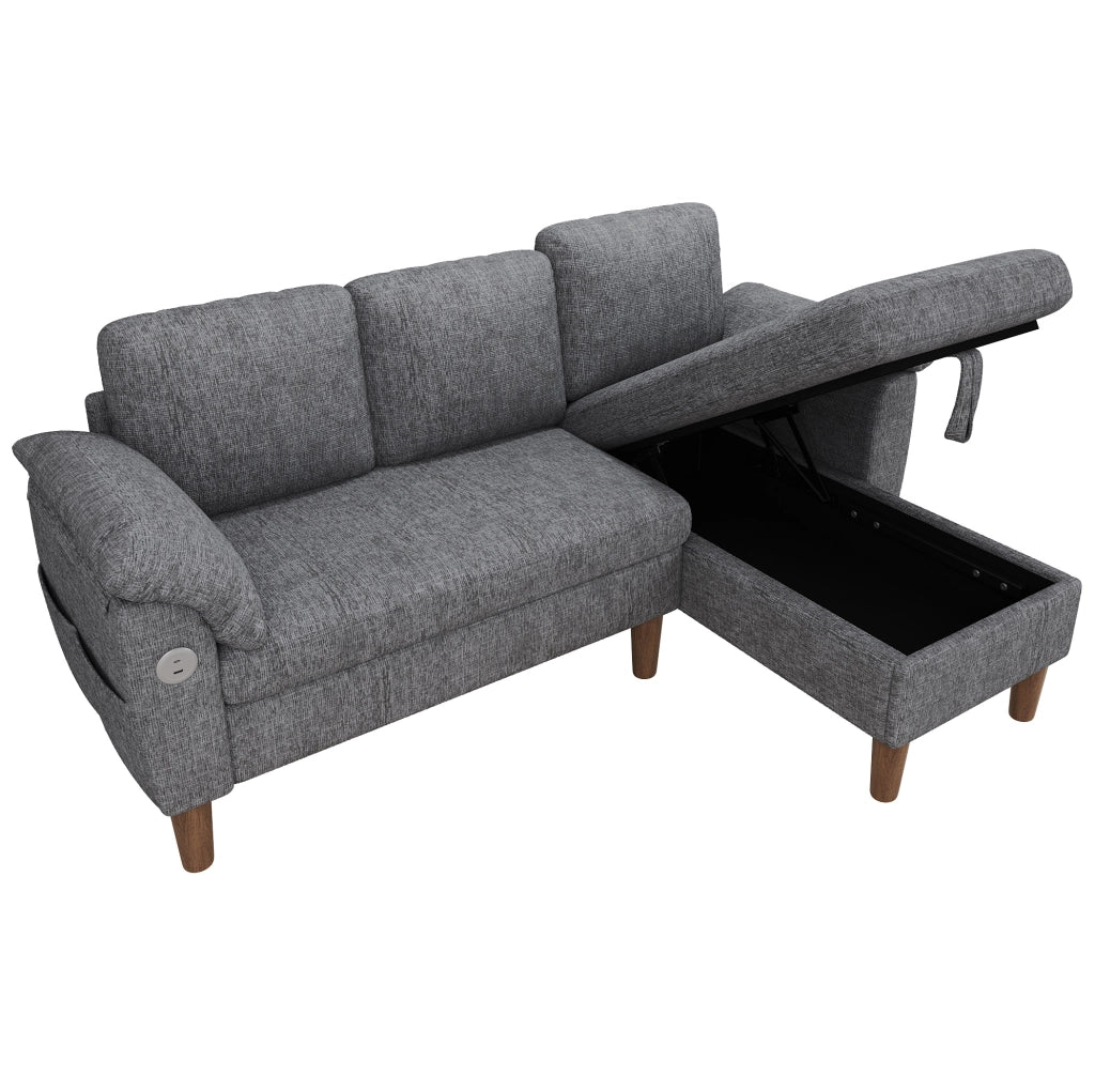 Divano angolare a L 3 posti con chaise longue reversibile; contenitore; USB/Type-C; grigio chiaro