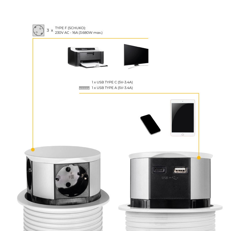 Multiconnettore Vertikal Push diametro 100mm, 3 spine di tipo Schuko, 1 USB tipo A, 1 USB tipo C, Acciaio e Tecnoplast..
