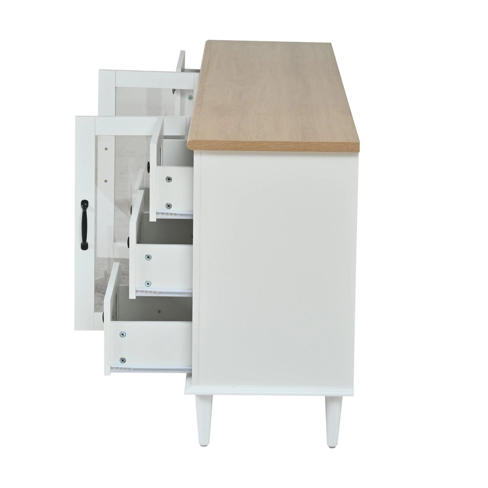 Credenza Soggiorno con LED, 6 Cassetti e 2 Ante ¨C MINIMAL ¨C Bianco/Legno 150x40x75
