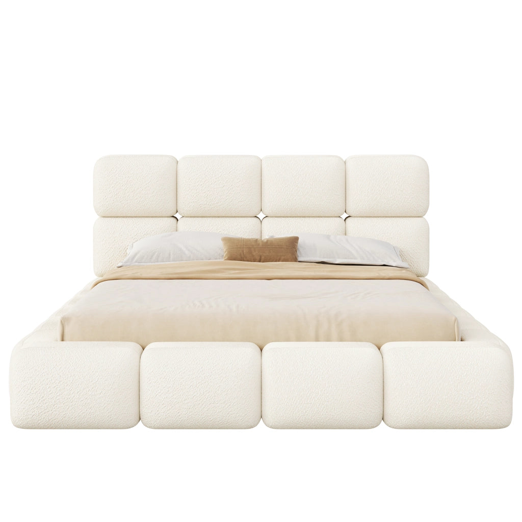Letto matrimoniale imbottito 160x200 cm design nuvola; rivestimento in tessuto bouclé bianco