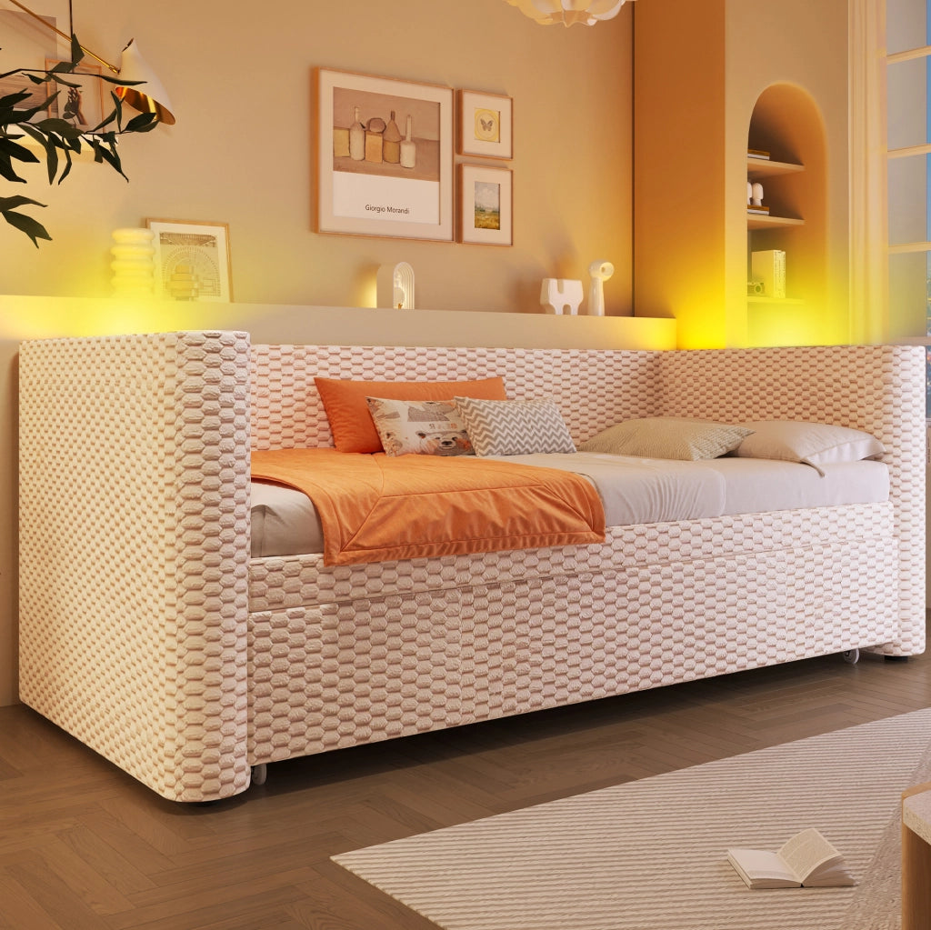 Divano letto 90x200 cm con LED e design estraibile in velluto beige