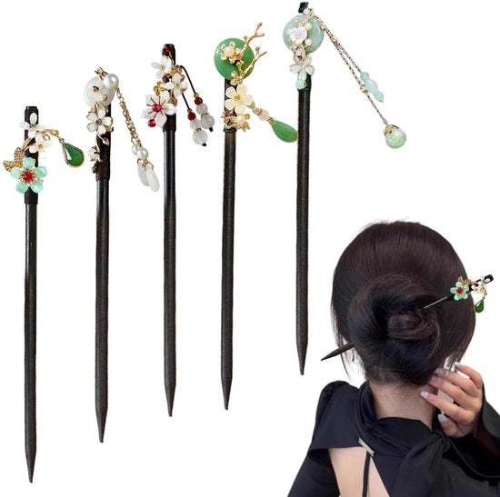 Spilla per capelli in legno a 5 pezzi - decorata con fiori/astine - per capelli lunghi - leggera - resistente allo shock - spilla per capelli con stantuffo