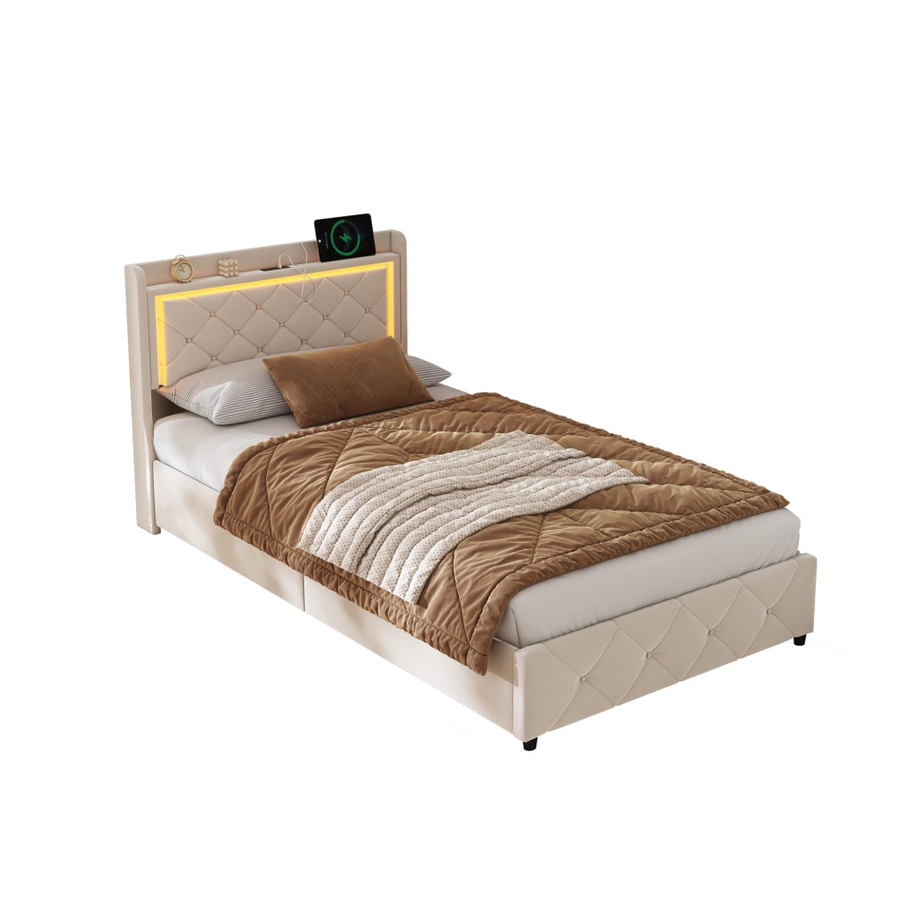 Letto singolo contenitore 90x200 cm con testiera LED e porta USB struttura letto imbottita con contenitore idraulico in velluto beige
