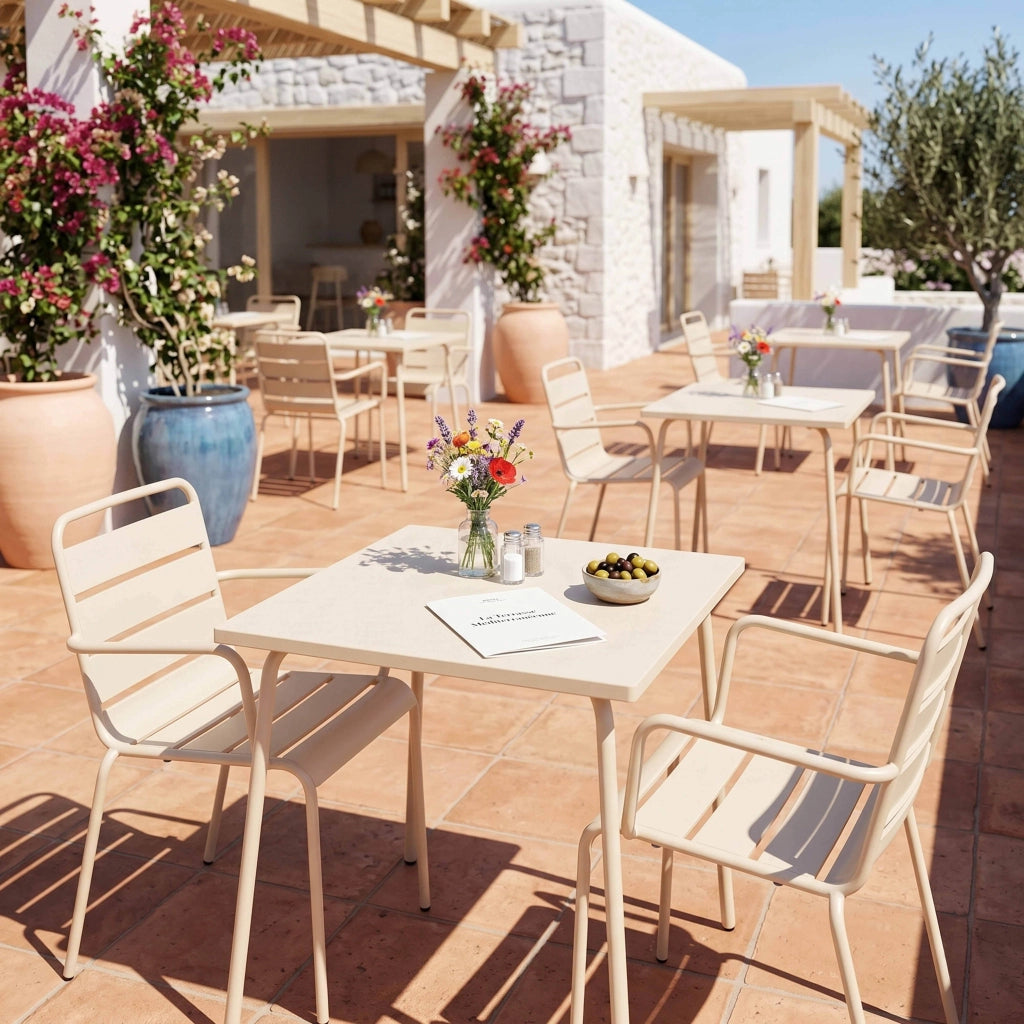 Oviala - Tavolo da giardino quadrato e 2 sedie in acciaio avorio