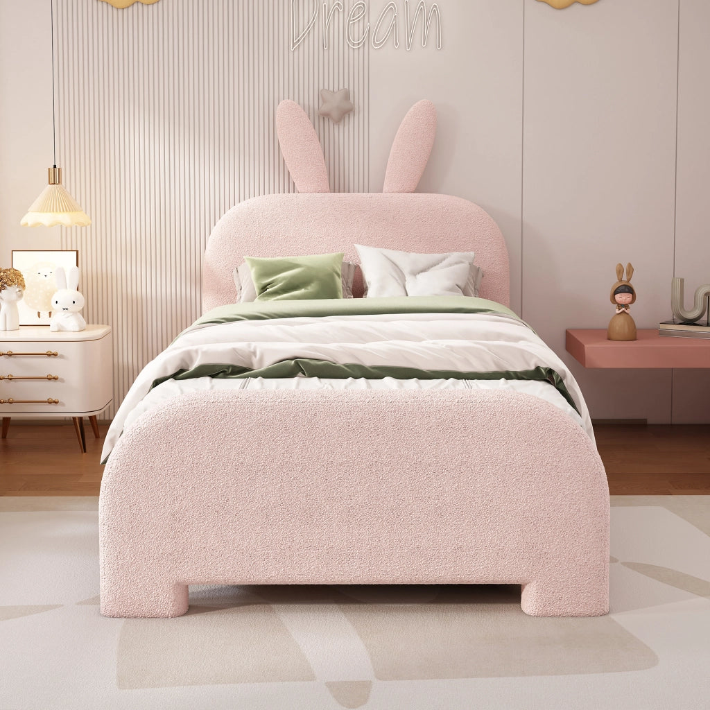 OKWISH Letto Bambini 90×200 cm, Letto Singolo con 2 Cassetti, Testiera a Coniglio e Contenitore, senza Materasso, Rosa