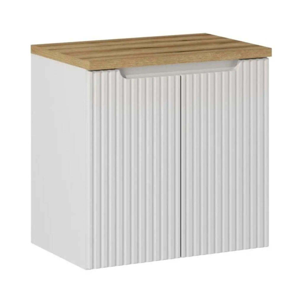 Set bagno sospeso VANO bianco 60cm: mobile sotto lavabo con ante + piano per lavabo effetto rovere chiaro