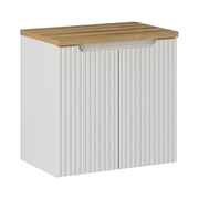 Set bagno sospeso VANO bianco 60cm: mobile sotto lavabo con ante + piano per lavabo effetto rovere chiaro