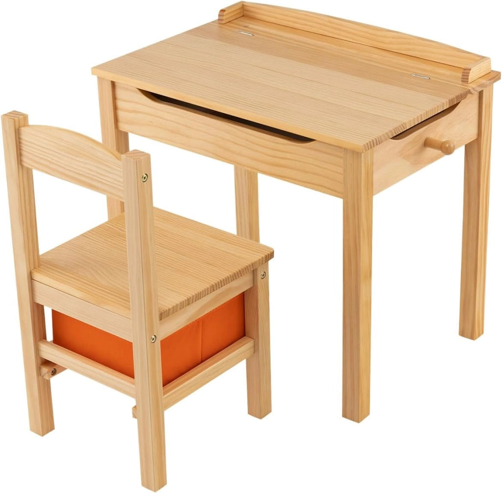 Set Tavolo e Sedia per Bambini 3+ Anni, Scrivania Ribaltabile in Legno di Pino con Cassetto Estraibile, Gancio e Cerniera Sicura a Chiusura Lenta, Ideale per Studio e Disegno (Naturale)