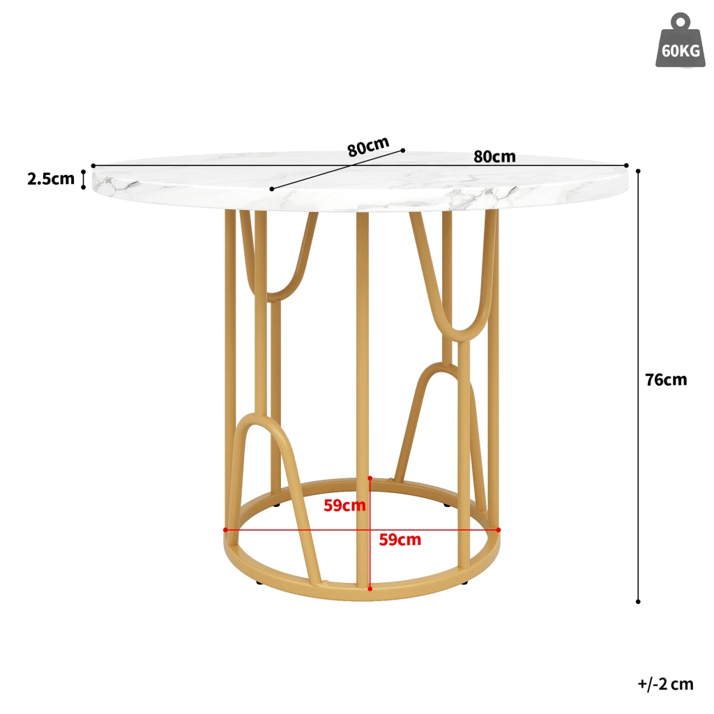 Tavolo da pranzo rotondo 80x80x76 cm in MDF e metallo; gambe oro; stile classico
