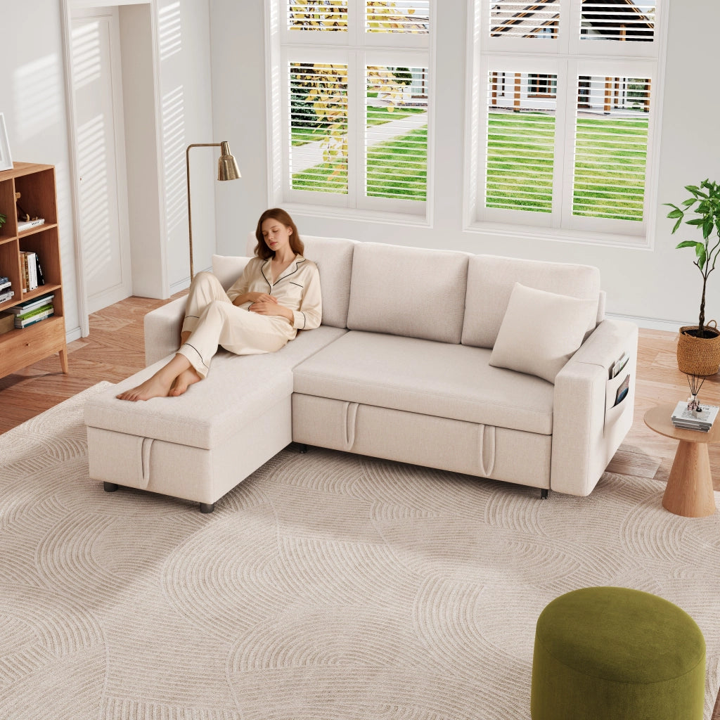 Divano letto angolare reversibile con contenitore e tasche laterali - in lino beige