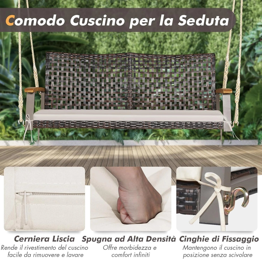 Dondolo Sospeso per Esterno a 2 Posti, Altalena da Giardino con Cuscino, Sedia Sospesada Gairdino con Braccioli, per Portico, Capacità di carico di 360 kg (Bianco)