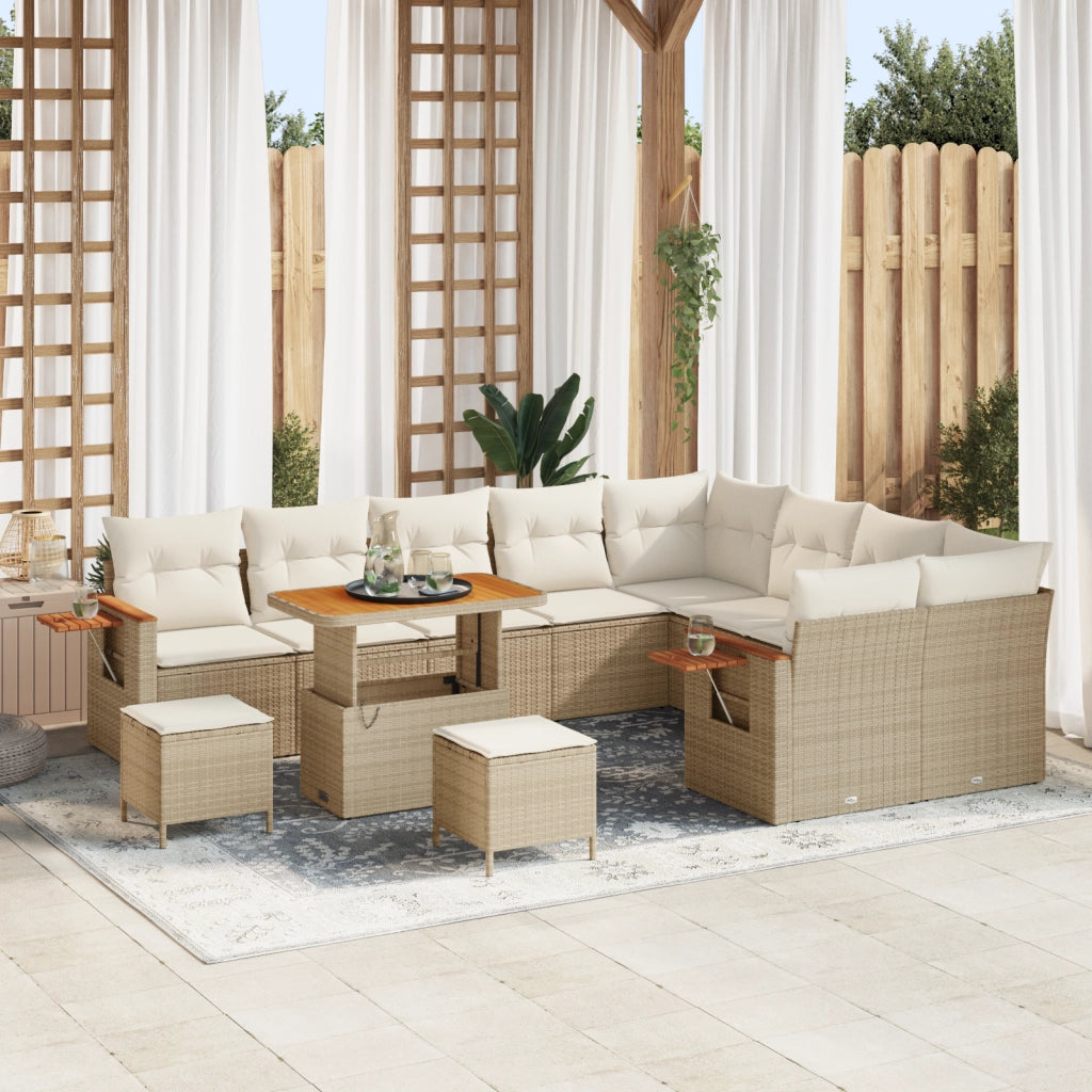 Set Divano da Giardino 12 Pezzi con Cuscini Beige Polyrattan Acacia
