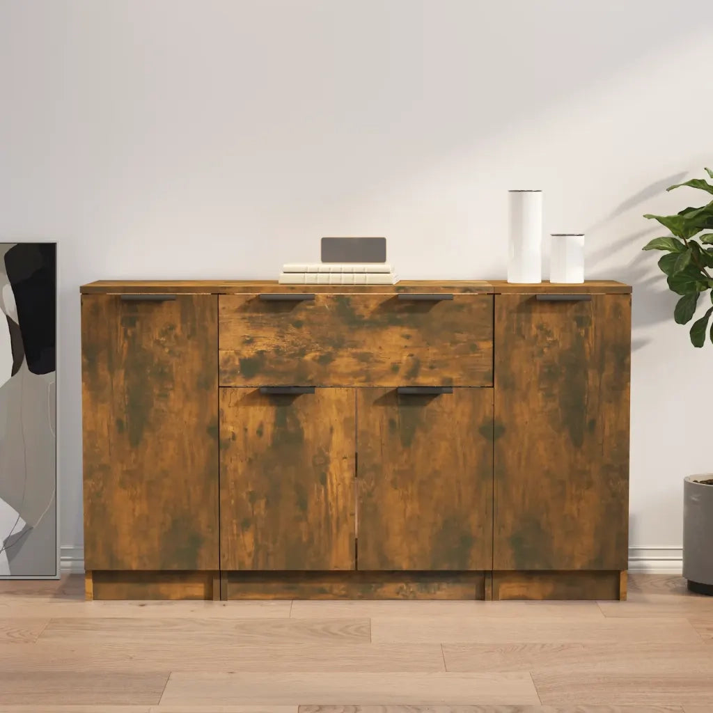 Credenze 3 pz | Madia | Buffet da pranzo | Armadio da pranzo Rovere Fumo in Legno Multistrato