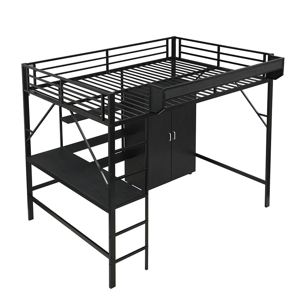 Letto mezzanino-Xylo-140x200cm ferro+MDF 2 livelli ripiano scrivania nero
