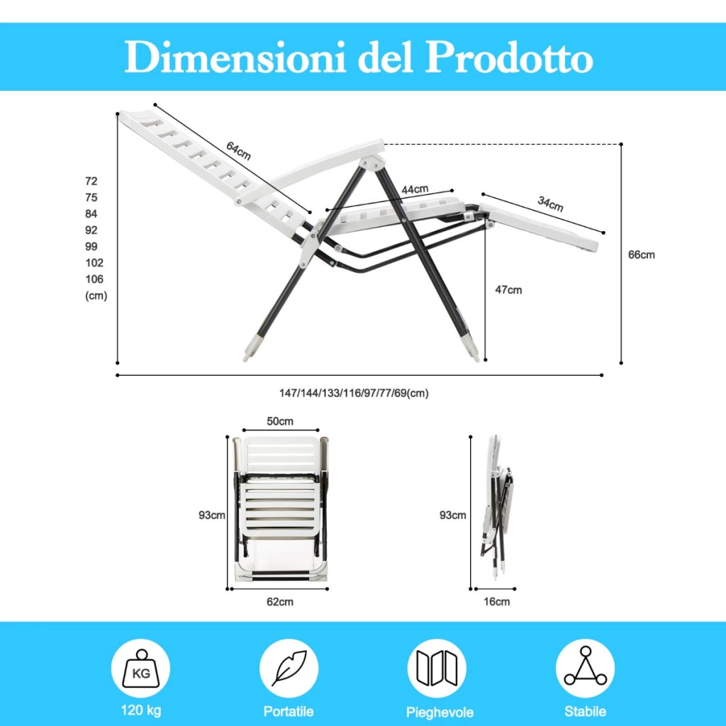Set di 2 Sedie a sdraio da giardino con schienale e poggiapiedi regolabili in 7 posizioni, Sedie pieghevoli Bianco-Tavoli e sedie da campeggio