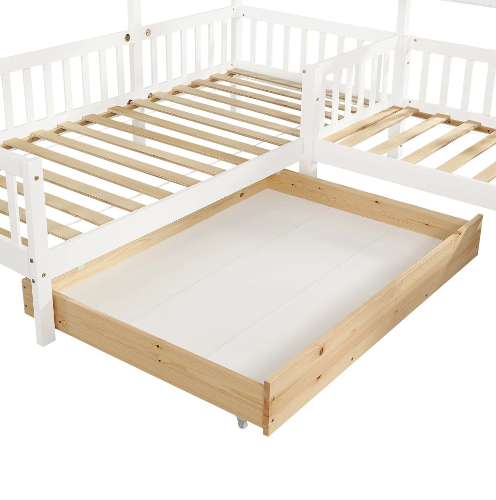 Letto a casetta a L in legno massello con cassetti e mensole bianco