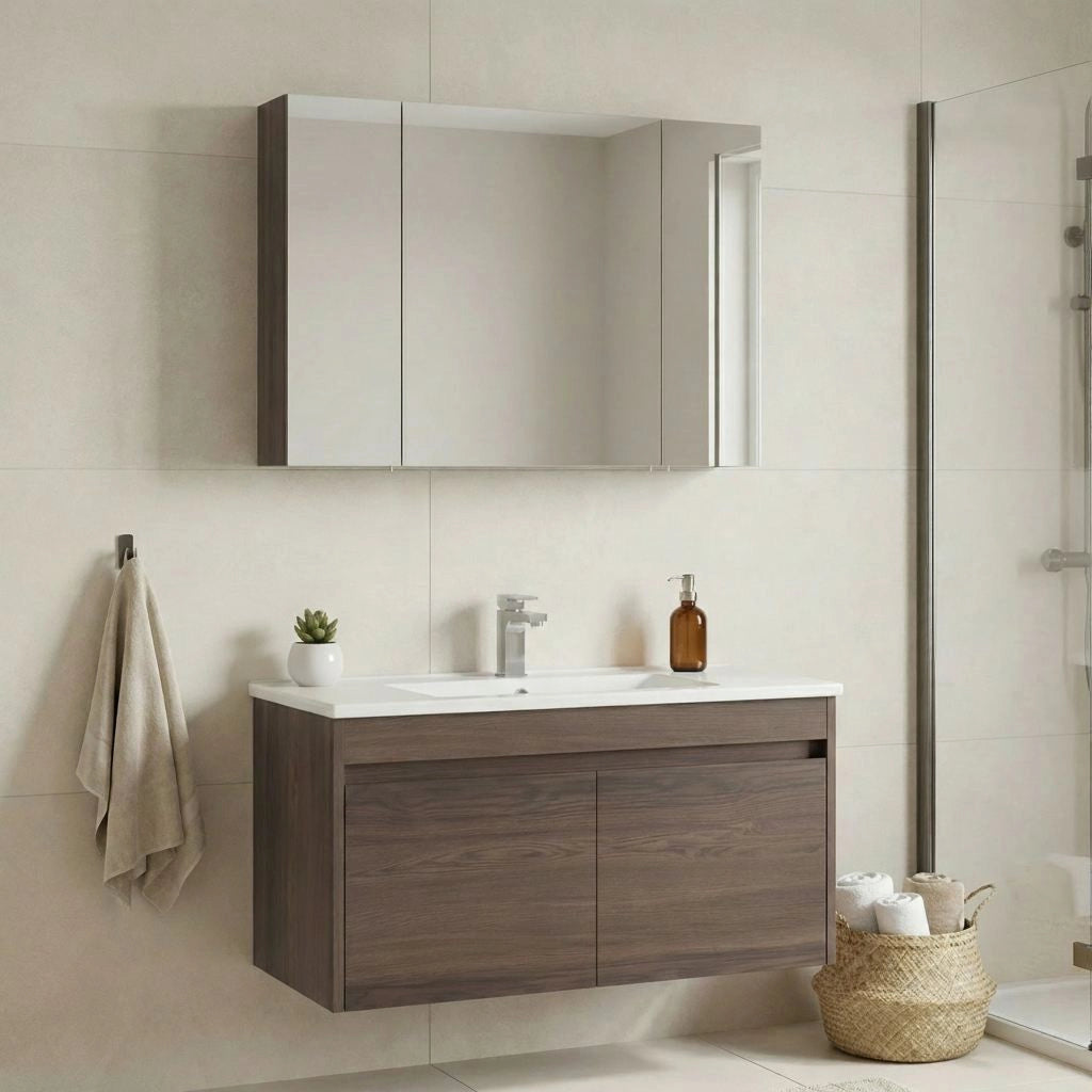 Set mobile lavabo con specchio (2 pezzi) "Side 100 v3" - 100 x 45 x 52 cm - Noce