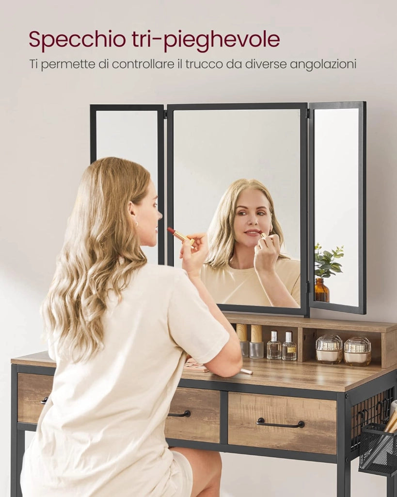 VASAGLE Toeletta con sgabello imbottito, tavolo da toeletta con triplo specchio, 3 cassetti, porta asciugacapelli cosmetico stile industriale, marrone rovere/nero RVT004B50