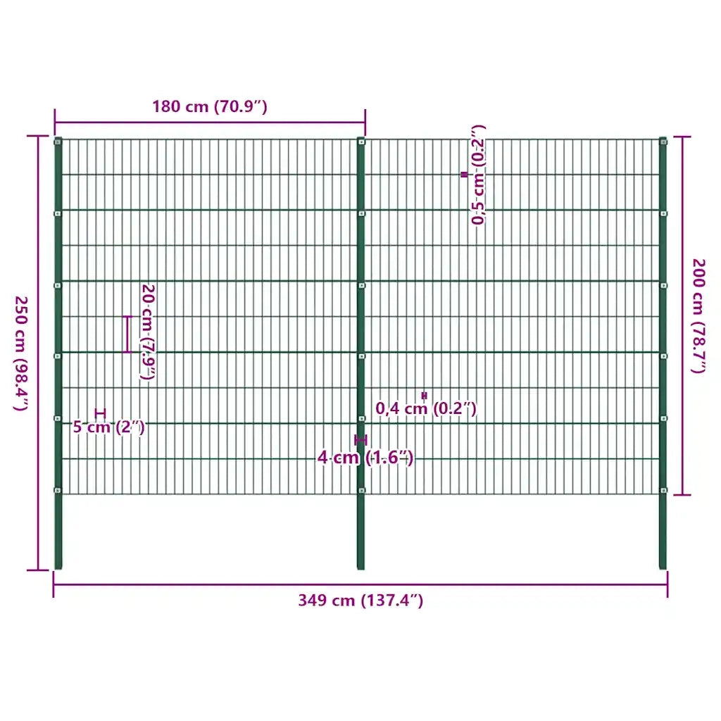 Pannello di recinzione con pali in ferro 349x200 cm verde 278680