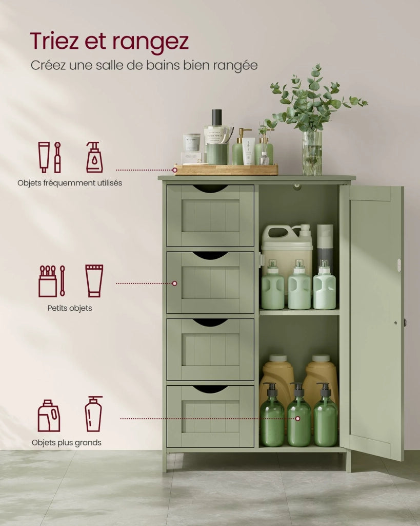 Mobiletto da bagno indipendente mobile contenitore con 4 cassetti 30 x 55 x 82 cm anta singola ripiano regolabile per soggiorno cucina e corridoio verde 12_0006501