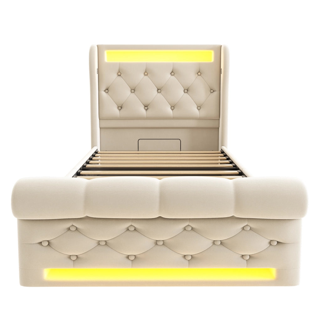 Letto singolo 90x200 contenitore idraulico con LED e prese USB; in velluto; beige
