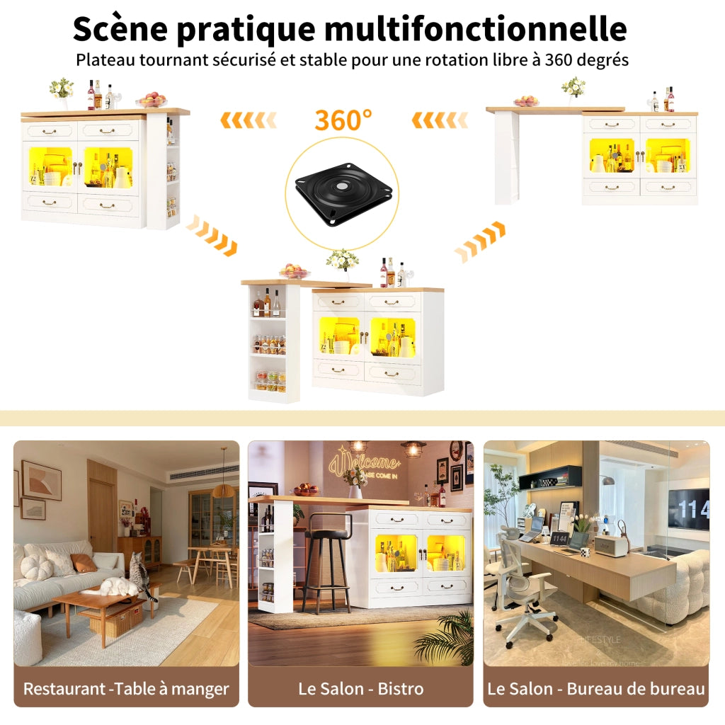 OKWISH Tavolo Bar Estensibile con 4 Cassetti e Ripiano Laterale, Piano Girevole a 360° e LED, per Cucina