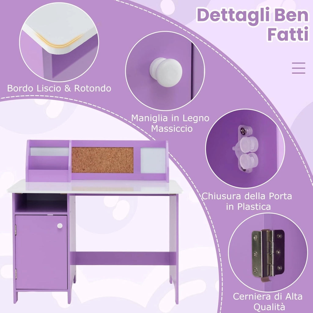 Set Scrivania e Sedia per Bambini per Studio e Lettura, Viola | Banco Scuola con Sedia Ergonomica, Lavagna Bianca, Pennarello, Armadietto e Bacheca, Postazione Computer per Cameretta Studio
