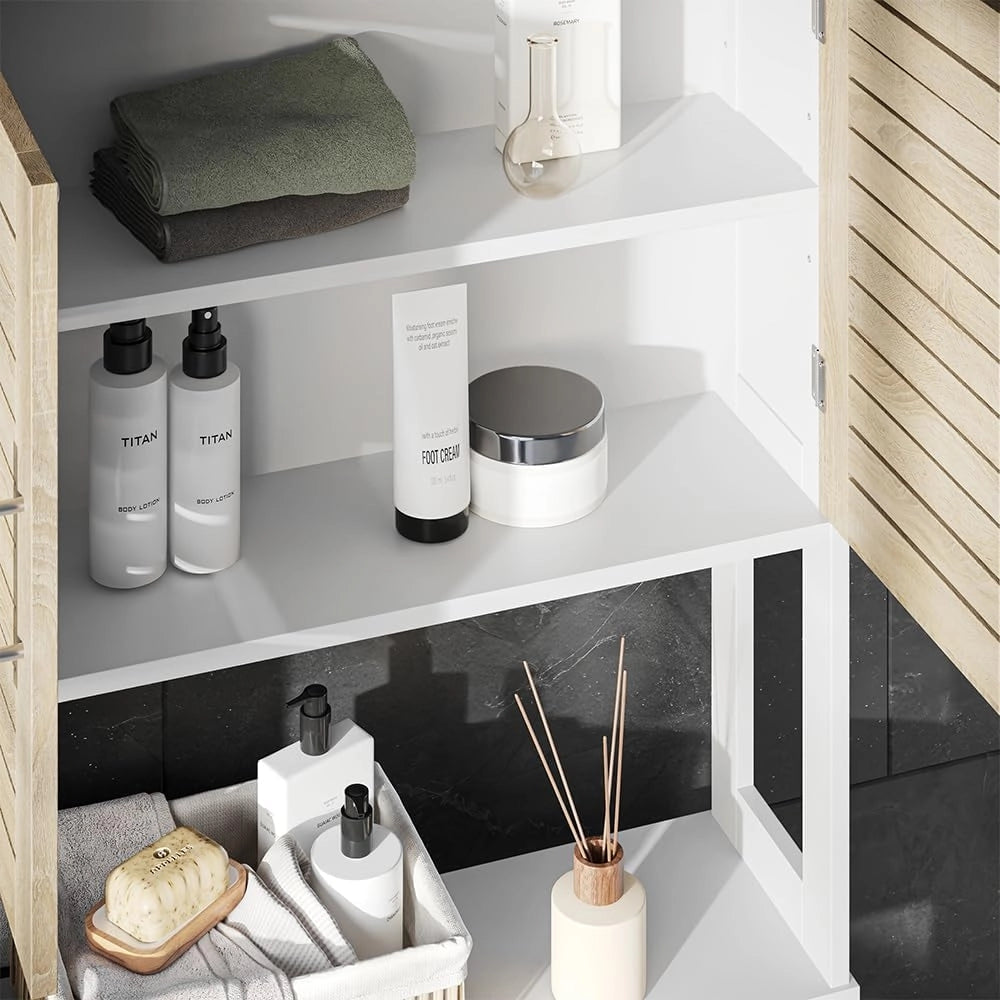 Armadietto per toilette Looma, Bianco/quercia, 70 x 180 cm con 2 scomparti chiusi, utilizzabile come armadio sovrapponibile per lavatrice o WC