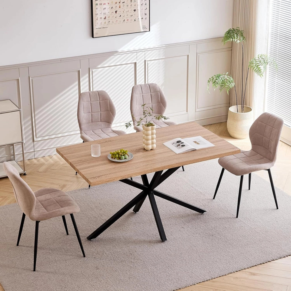GrandCA HOME Set Tavolo e Sedie da Pranzo da 5 Pezzi, Tavolo Quadrato da 140 cm, 4 Sedia Imbottita in Lino, Adatto per Cucine, Sale da Pranzo e Soggiorni (Legno Chiaro + Nero)
