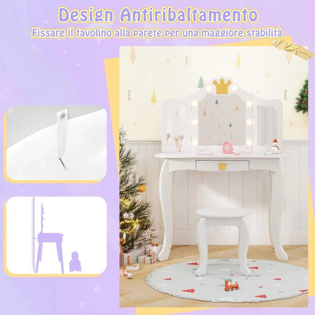 Set Toeletta Trucco per Bambina con Sgabello, Tavolo Trucco Triplo Specchio Staccabile con Luci LED a 3 Colori, Postazione Trucco con Cassetto e Accessori, per Bambine 3-7 Anni (Bianco)