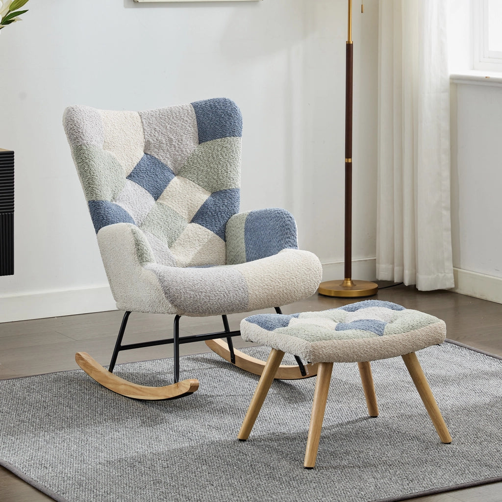 Poltrona a dondolo con pouf e schienale rimovibile in tessuto con struttura in ferro beige e blu 122 × 68 × 91 cm